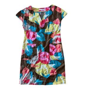 Boden Linen Floral Midi Dress, multicolored, V-neck, pockets, size 2R